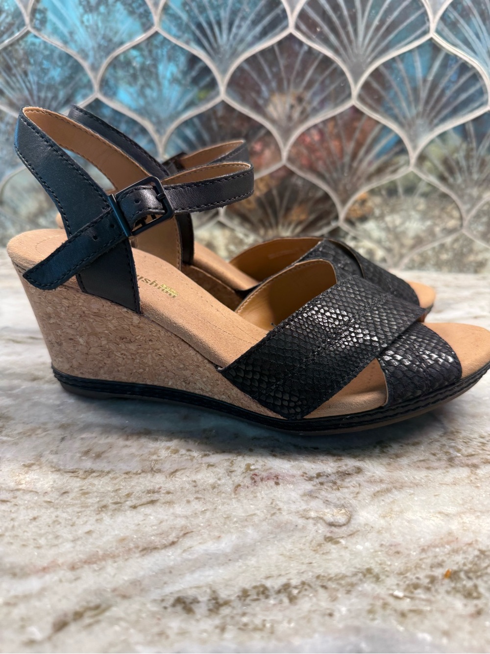 Clarks Black Snake-Texture Wedge Sandals - Picture 3 of 12
